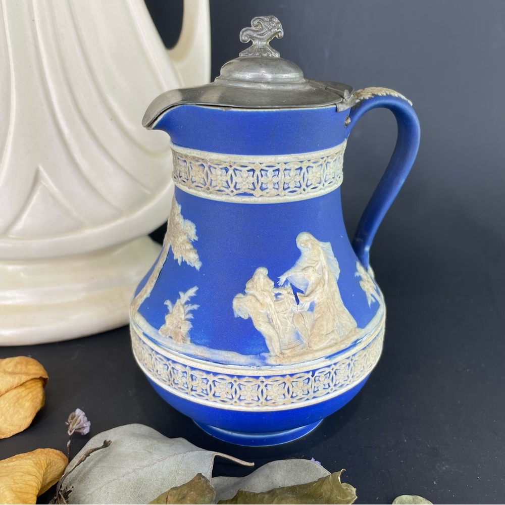 Antique Wedgwood Cobalt Blue Jasperware Creamer / Small Pitcher with Hinged Lid